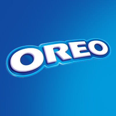 Logo of OREO on a blue background, representing the iconic sandwich cookie brand.