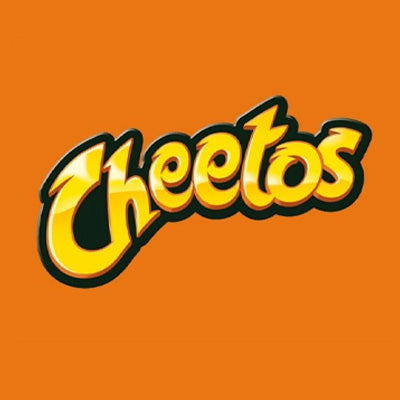 Cheetos logo on orange background, representing the popular cheese puff snack brand.