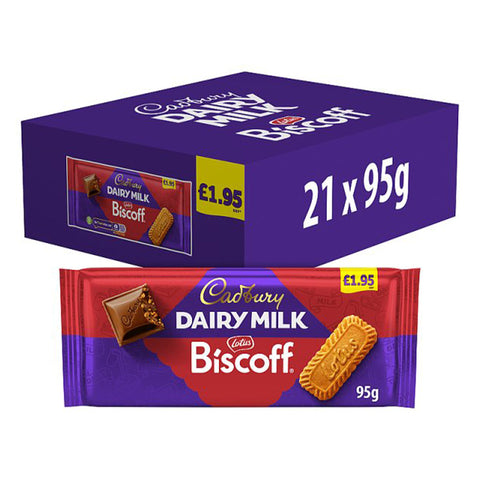 Cadbury Dairy Milk Biscoff 95g Box showing a box of 21 bars and a wrapper of the chocolate bar.