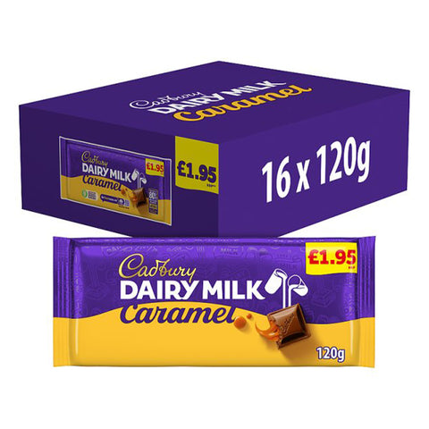 Cadbury Dairy Milk Caramel 120g Box with a purple packaging featuring price and quantity details.