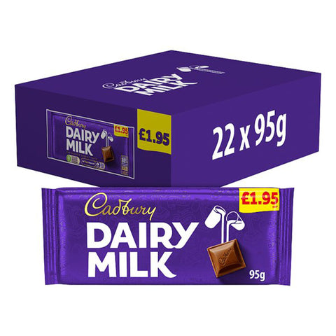 Cadbury Dairy Milk 95g Box packaging with price, featuring 22 bars of 95g creamy chocolate.