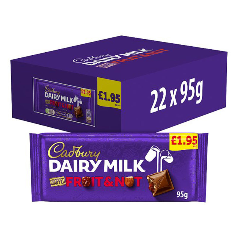 Cadbury Dairy Milk Fruit and Nut 95g Box packaging with 22 bars displayed in a vibrant purple box.