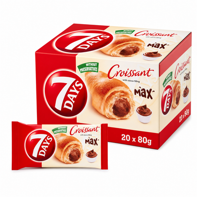 7 Days Croissant Cocoa Max 80g Box with individually wrapped pastries and cocoa filling.