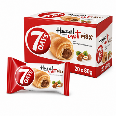 7 Days Croissant Hazelnut 80g Box with soft pastry and hazelnut filling packaging, ideal for snack lovers.