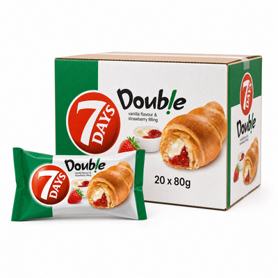 7 Days Croissant Vanilla & Strawberry 80g Box with pastry and packaging, showcasing delicious vanilla and strawberry filling.