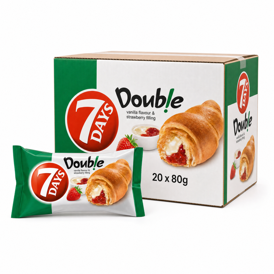 7 Days Croissant Vanilla & Strawberry 80g Box with pastry and packaging, showcasing delicious vanilla and strawberry filling.
