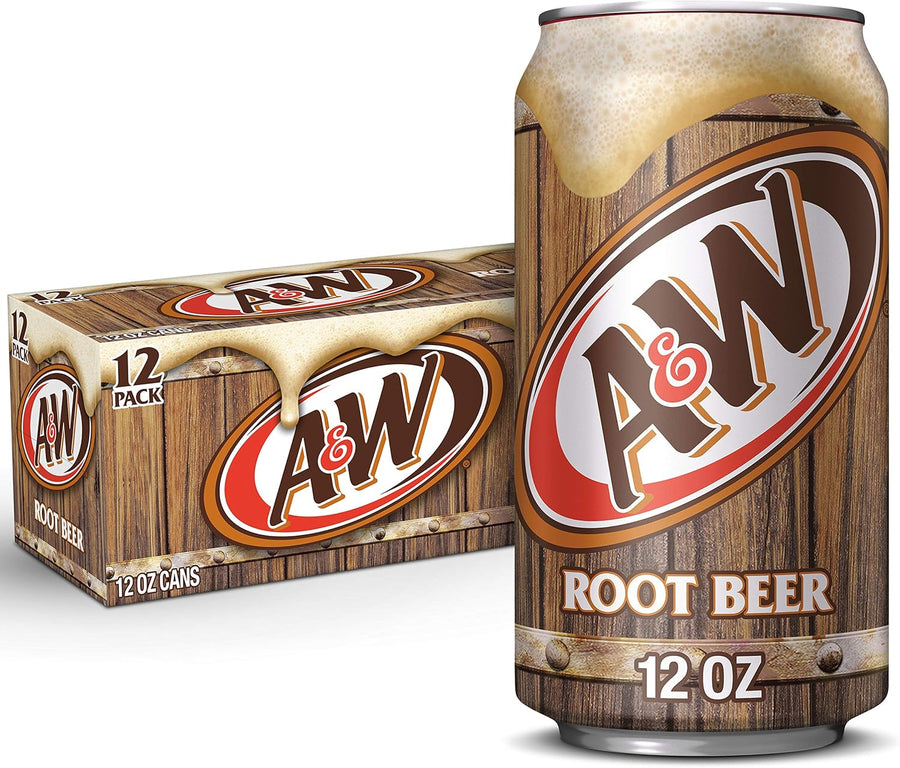 A&W Root Beer 355ml Box featuring a 12 oz can and pack design with realistic foam and wooden background.