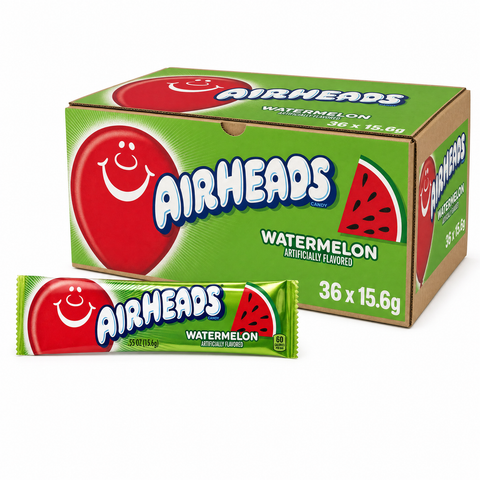 Airheads Watermelon 15.6g Box packaging with single taffy bar, featuring bright, fun design.