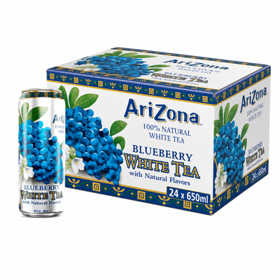 AriZona Blueberry White 650ml Box featuring blueberry white tea can and packaging, refreshing iced tea drink.