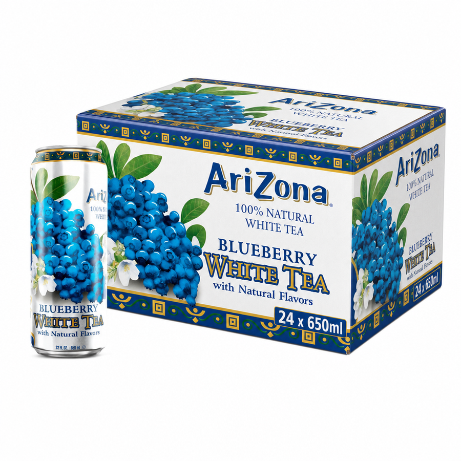 AriZona Blueberry White 650ml Box featuring blueberry white tea can and packaging, refreshing iced tea drink.