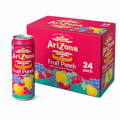 AriZona Iced Drinks Fruit Punch Box 24 pack with vibrant drink can and colorful fruit design.