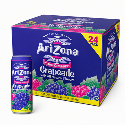 AriZona Iced Drinks Grapeade Box with grapeade can, 24 pack of sweet grape juice drink.