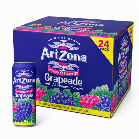 AriZona Iced Drinks Grapeade Box with grapeade can, 24 pack of sweet grape juice drink.