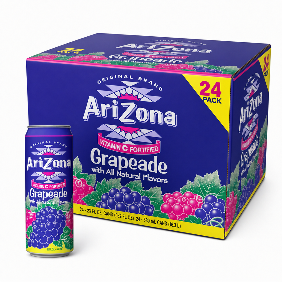 AriZona Iced Drinks Grapeade Box with grapeade can, 24 pack of sweet grape juice drink.