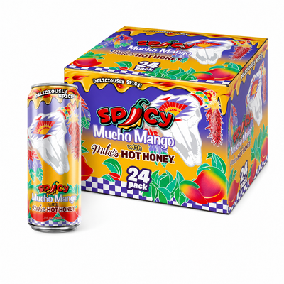 AriZona Iced Drinks Mucho Mango Box with 24 cans featuring tropical mango and Mike's Hot Honey.