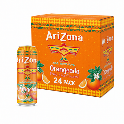 AriZona Iced Drinks Orangeade Box featuring 24 cans of refreshing orangeade fruit juice cocktail.