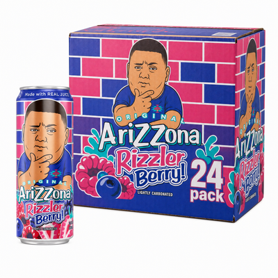 AriZona Iced Drinks Rizzler Berry Box featuring 24 cans of Rizzler Berry sparkling juice cocktail.