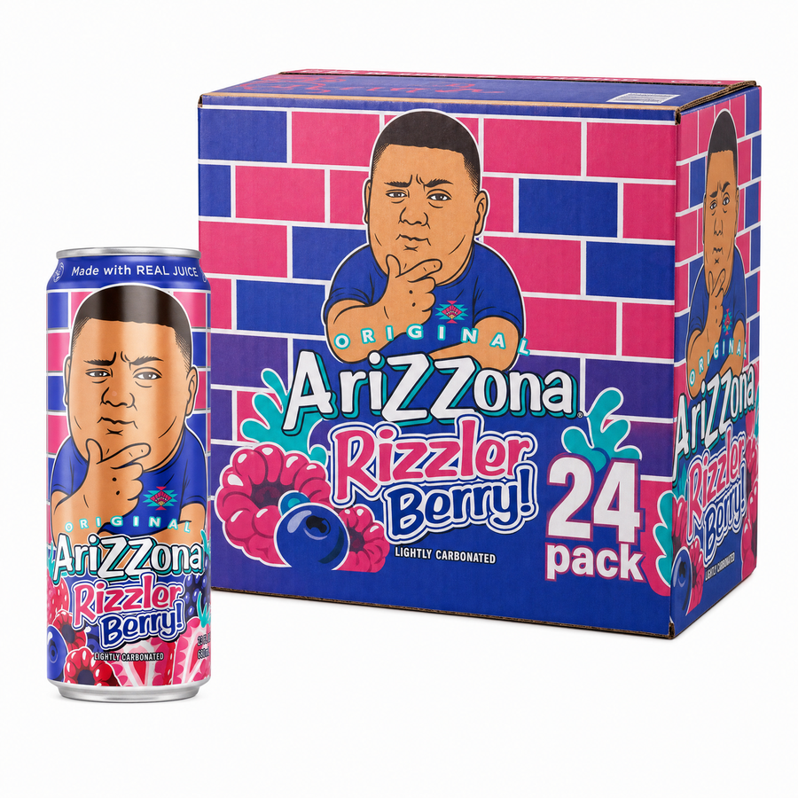 AriZona Iced Drinks Rizzler Berry Box featuring 24 cans of Rizzler Berry sparkling juice cocktail.