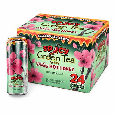 AriZona Iced Drinks Spicy Green Tea Box with Mike's Hot Honey, featuring 24 cans in a vibrant package.