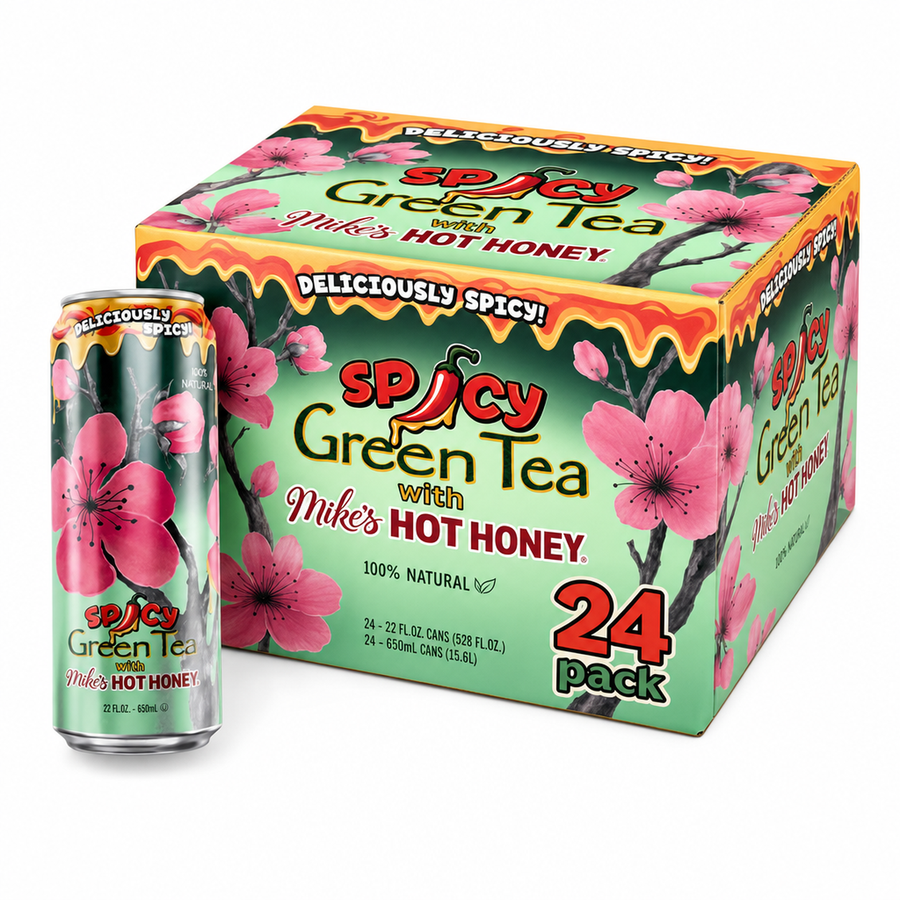 AriZona Iced Drinks Spicy Green Tea Box with Mike's Hot Honey, featuring 24 cans in a vibrant package.