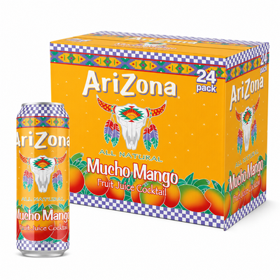 AriZona Iced Drinks Spicy Mango Box with Mucho Mango juice cocktail cans, highlighting tropical flavors and vibrant packaging.