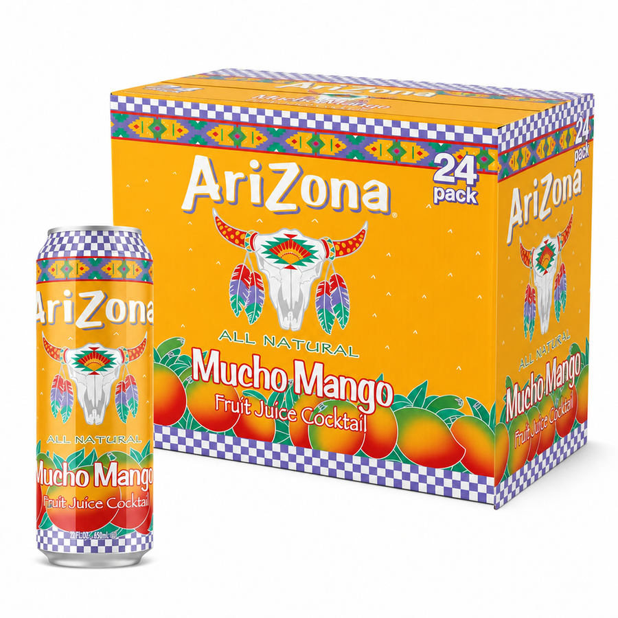 AriZona Iced Drinks Spicy Mango Box with Mucho Mango juice cocktail cans, highlighting tropical flavors and vibrant packaging.