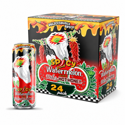 AriZona Iced Drinks Spicy Watermelon Box featuring 24 cans of spicy watermelon juice cocktail with Mike's Hot Honey.