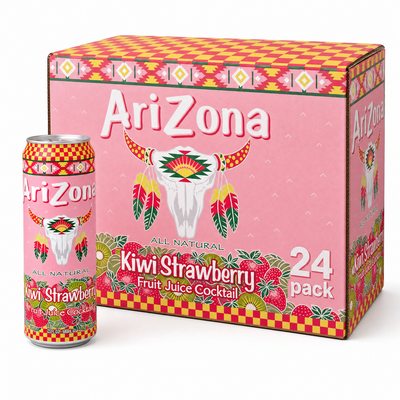 AriZona Iced Drinks Strawberry & Kiwi Box featuring a 24-pack of Kiwi Strawberry fruit juice cocktail.