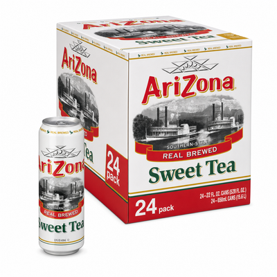 AriZona Iced Drinks Sweet Tea Box showing a 24-pack of sweet tea cans with iconic branding.