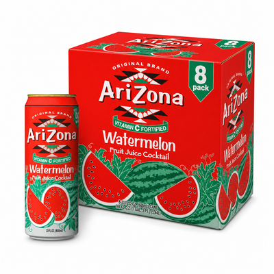 AriZona Iced Drinks Watermelon Box featuring a can and box of sweet watermelon juice cocktail.