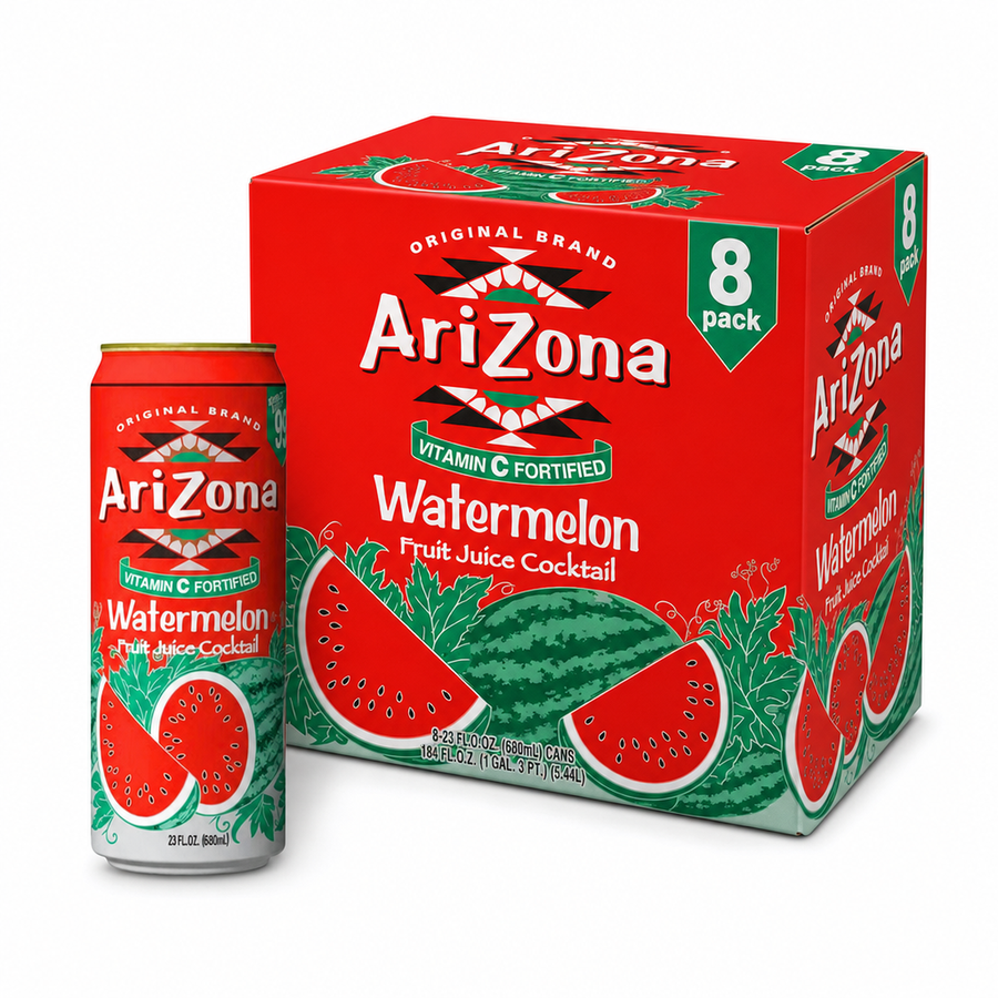 AriZona Iced Drinks Watermelon Box featuring a can and box of sweet watermelon juice cocktail.
