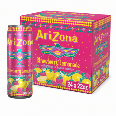 AriZona Strawberry Lemonade 22oz Box featuring iconic packaging and vibrant design with fruit illustrations.