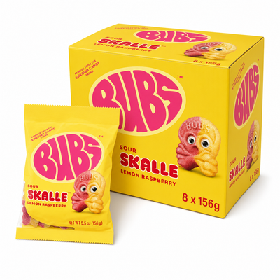 BUBS Swedish Candy 156g Lemon Raspberry Box featuring soft, sour foam gummies in a fun skull shape.