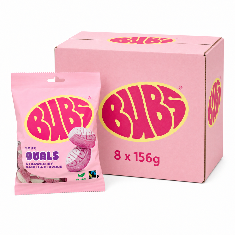 BUBS Swedish Candy 156g Strawberry Vanilla Box with sour ovals in a pink package and carton box.