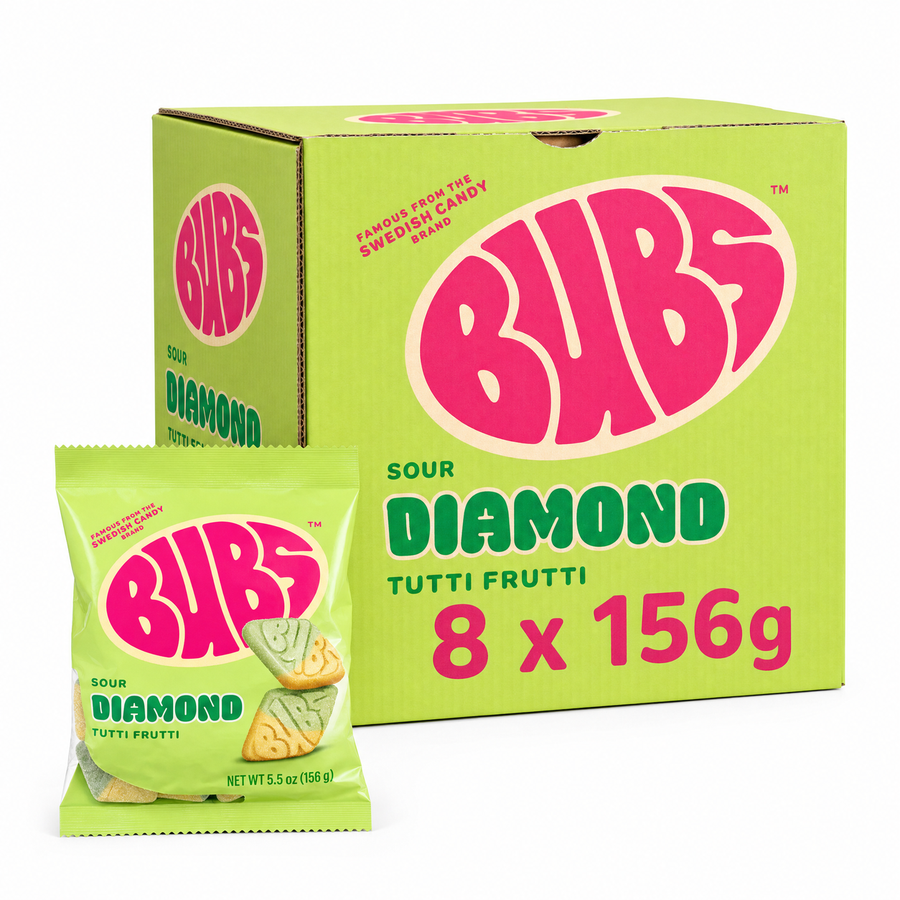 BUBS Swedish Candy 156g Tutti Frutti Box with 8 packs of sour diamond-shaped gummies.