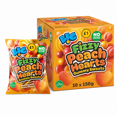 B!G Fizzy Peach Heart Gummy Sweets 150g Box with heart-shaped gummy sweets in playful packaging.