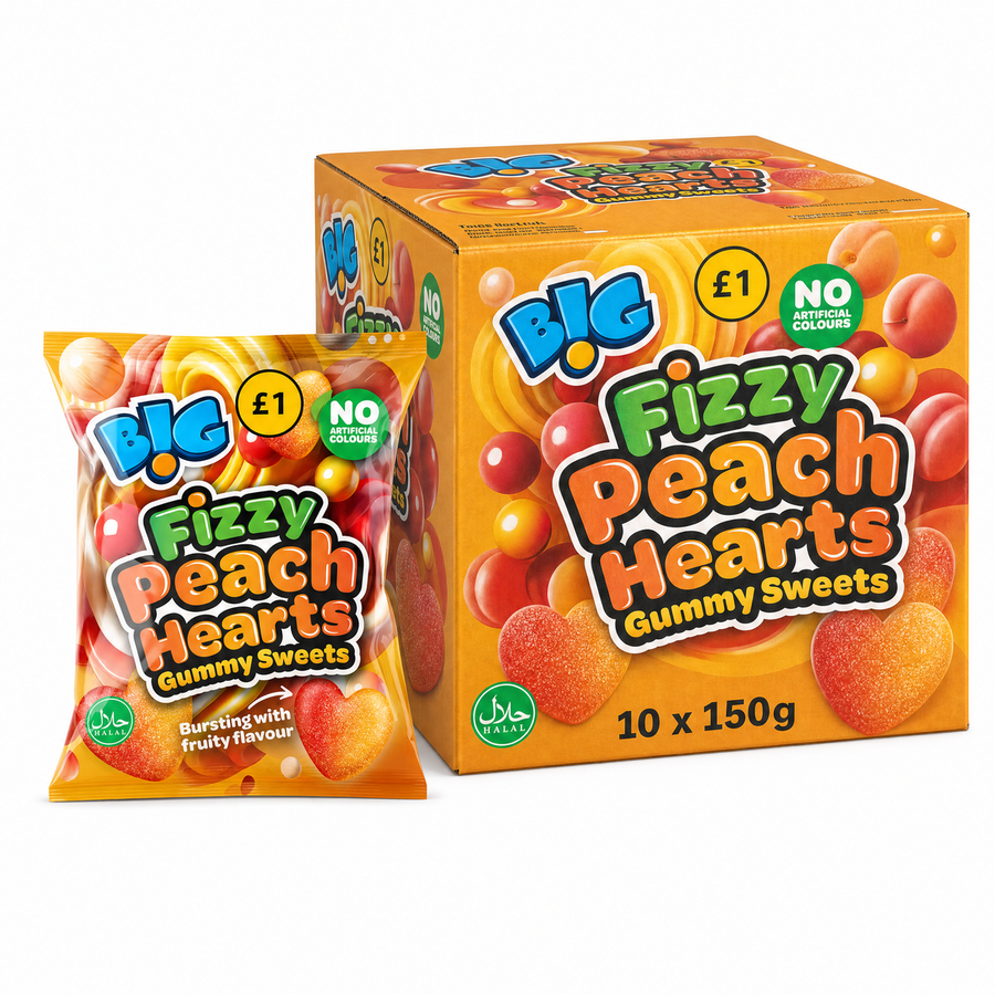 B!G Fizzy Peach Heart Gummy Sweets 150g Box with heart-shaped gummy sweets in playful packaging.