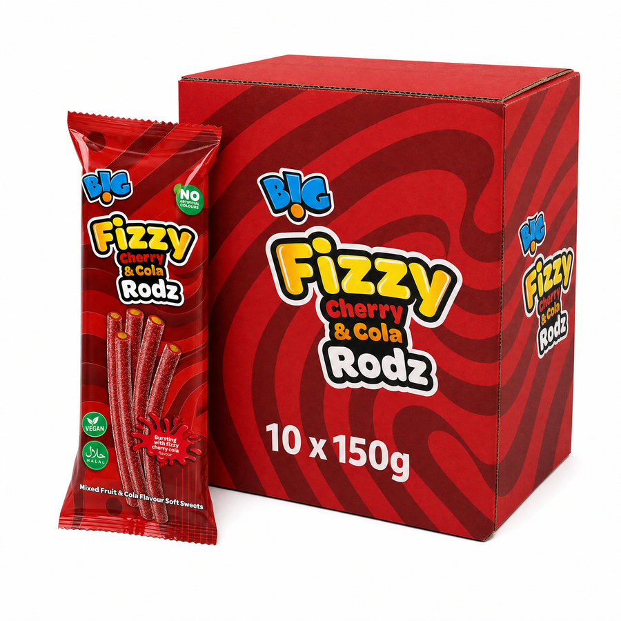 B!G Fizzy Rodz 150g Cherry & Cola Box with chewy fizzy rod sweets in red packaging