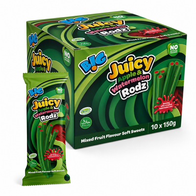 B!G Juicy Rodz 150g Apple & Watermelon Box with soft, chewy jelly rods and vibrant packaging.