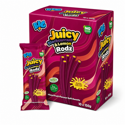B!G Juicy Rodz 150g Blackcurrant & Lemon Box pack and single bag of chewy sweets.