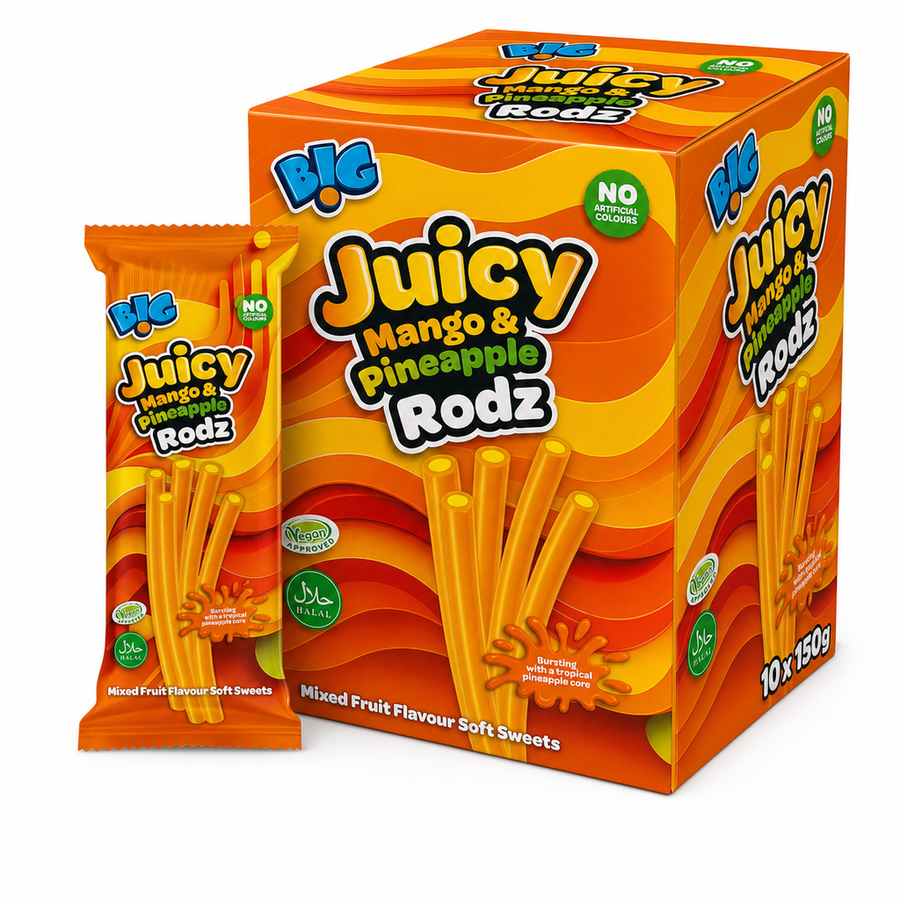 B!G Juicy Rodz 150g Mango & Pineapple Box with soft chewy jelly rods in a vibrant packaging.