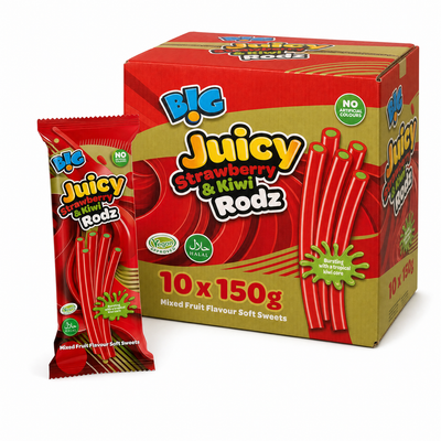 B!G Juicy Rodz 150g Strawberry & Kiwi Box with pack and box showing mixed fruit flavor soft sweets