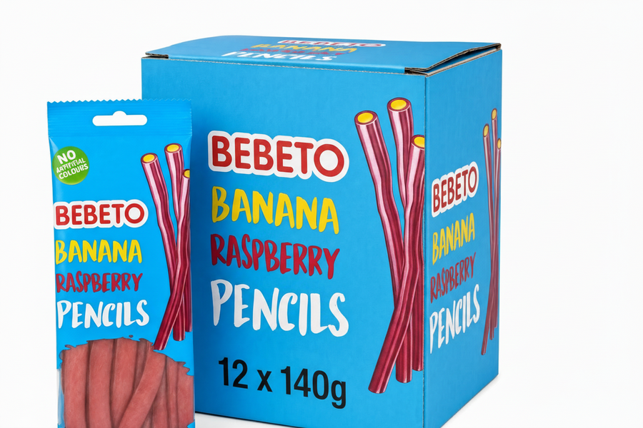 Bebeto Banana Raspberry Pencils 160g Box with packaging and pencils in view for a delicious snacking experience.
