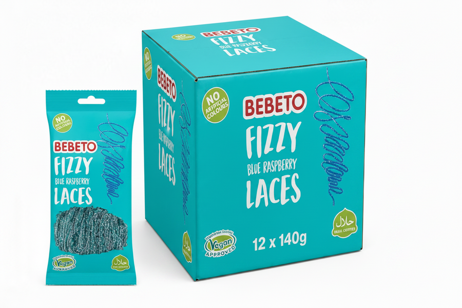 Bebeto Fizzy Blue Raspberry Laces 160g Box packaging with a vibrant blue design and chewy candy laces.