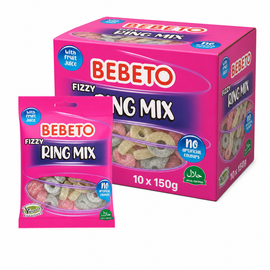 Bebeto Fizzy Ring Mix 150g Box - vibrant gummy rings in a colorful package with no artificial colors.