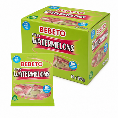 Bebeto Fizzy Watermelons 150g Box with colorful watermelon-shaped gummy sweets and packaging.