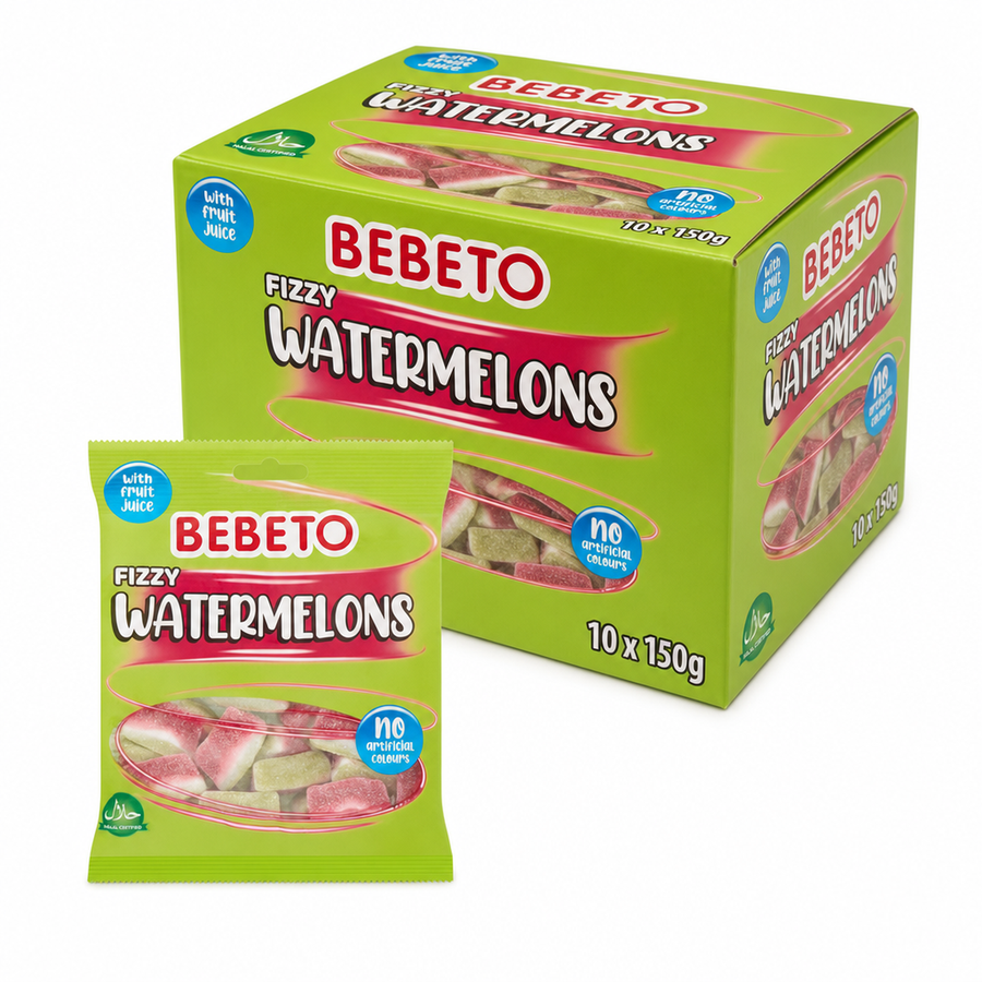 Bebeto Fizzy Watermelons 150g Box with colorful watermelon-shaped gummy sweets and packaging.