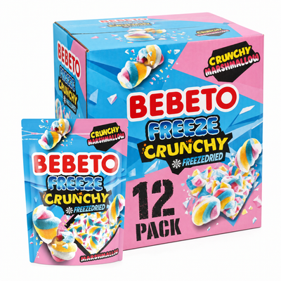 Bebeto Freeze Dried Marshmallow Box featuring 12-pack colorful crunchy marshmallows in playful packaging.