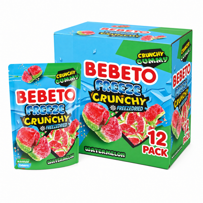 Bebeto Freeze Dried Watermelon Box featuring a 12 pack of crunchy gummy watermelon snacks.