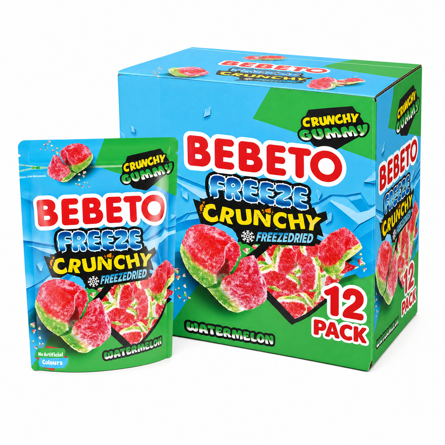 Bebeto Freeze Dried Watermelon Box featuring a 12 pack of crunchy gummy watermelon snacks.